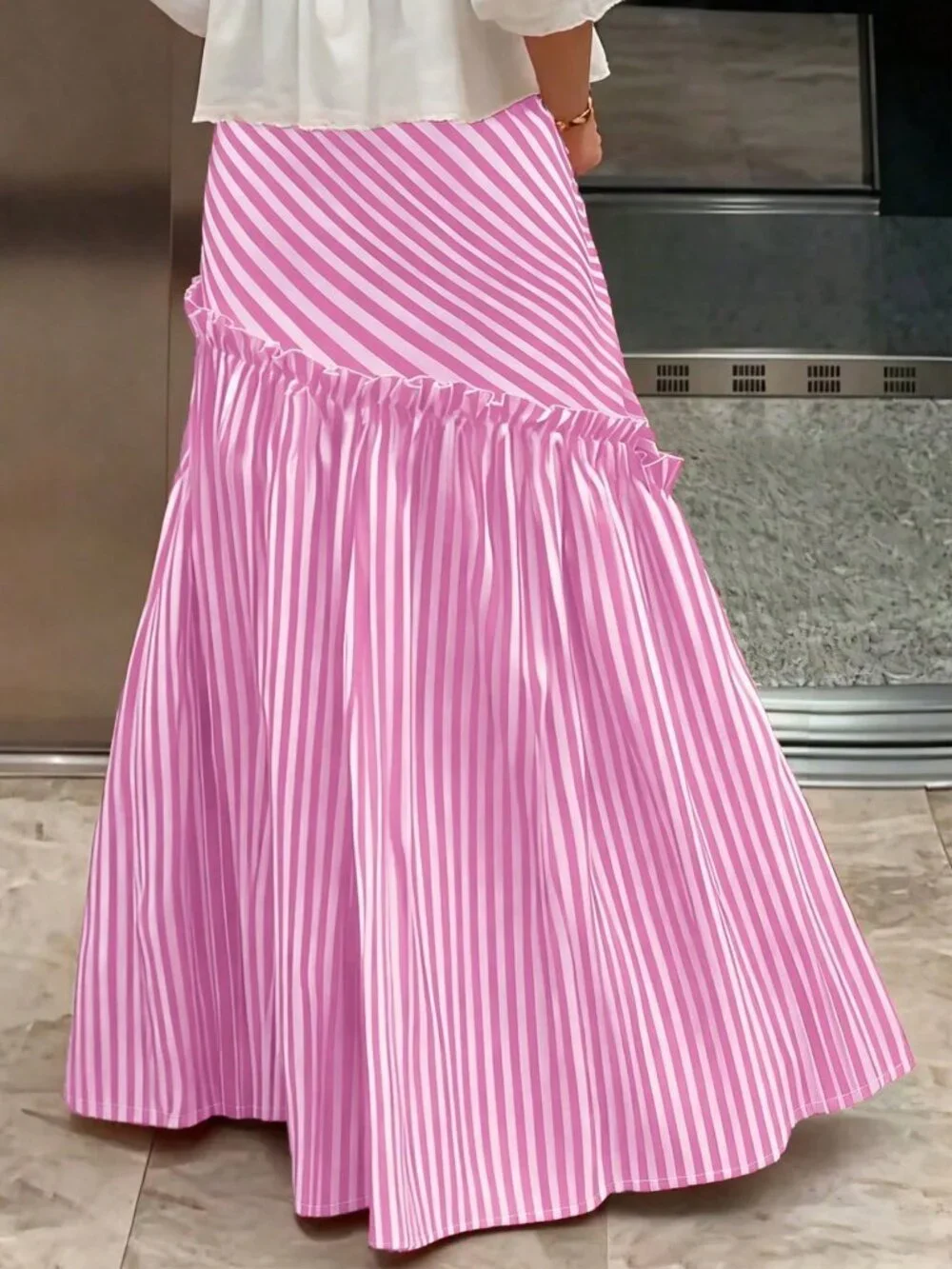 Pink Casual,Elegant Women's Casual A-Line Striped Ruffle Hem Skirt